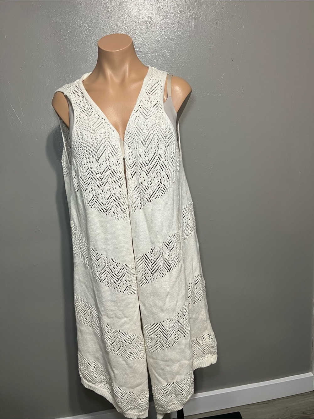 Wrangler Retro Cream Open Knit Crochet Long Duster Vest - Size M